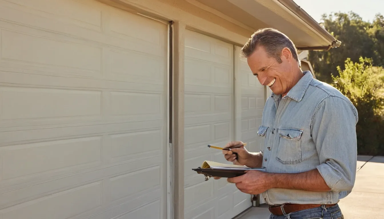 Friendly garage door provider checking the tracks of a wood-trimmed garage door at a Draper home